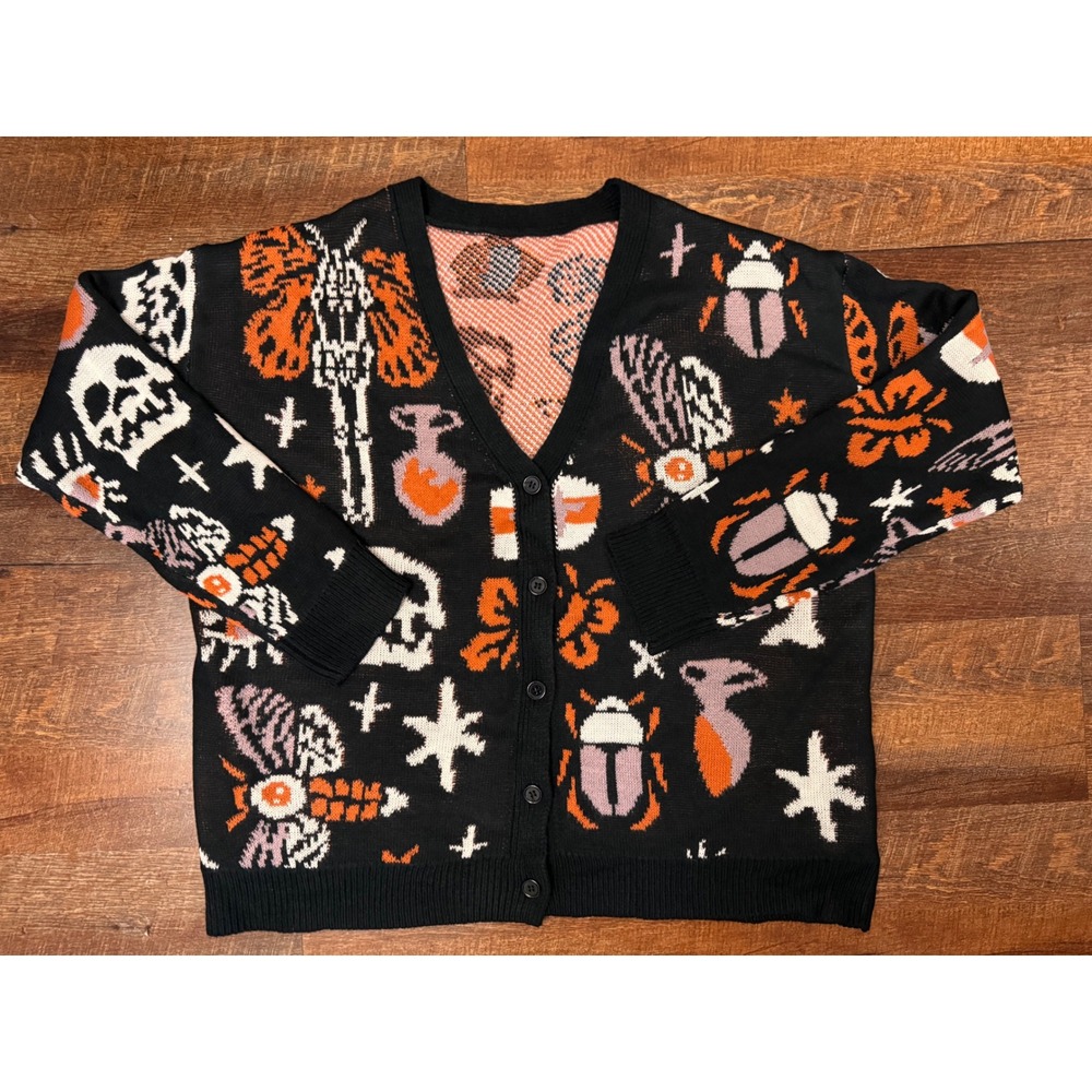 Halloween Cardigan Sweater XXL Black Skull Skeleton Moth Beetle Spooky Goth